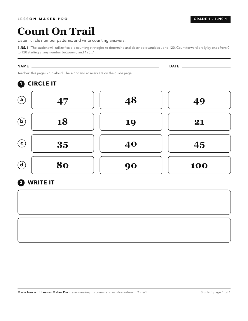 Preview of the 1.NS.1 printable worksheet