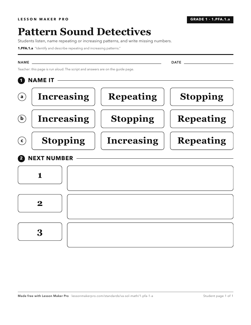 Preview of the 1.PFA.1.a printable worksheet