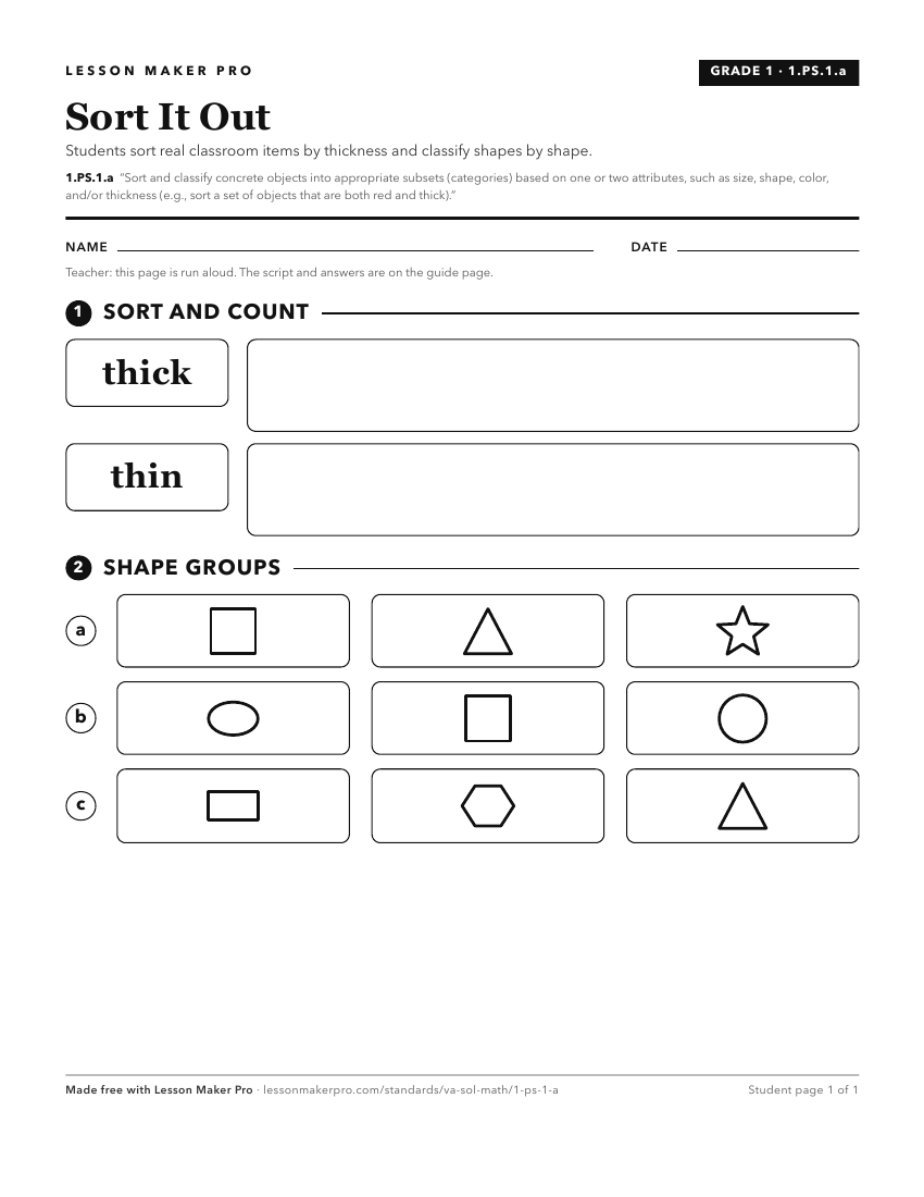 Preview of the 1.PS.1.a printable worksheet
