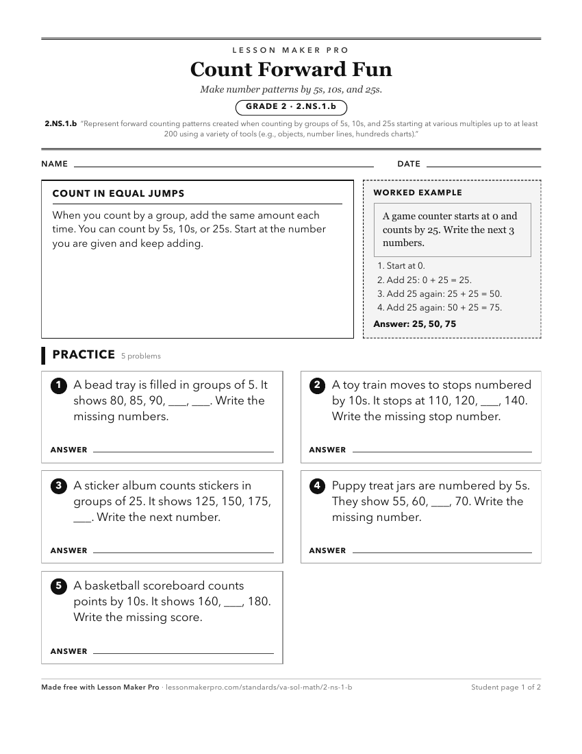 Preview of the 2.NS.1.b printable worksheet