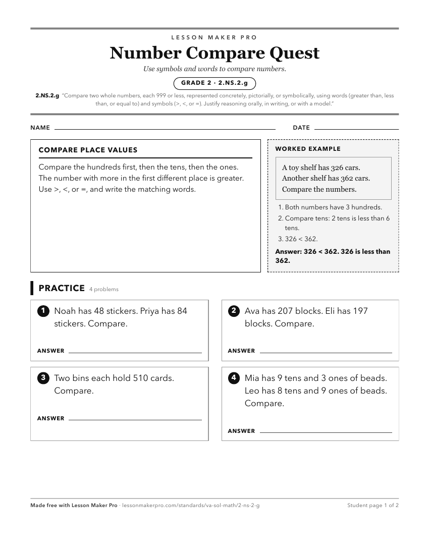 Preview of the 2.NS.2.g printable worksheet