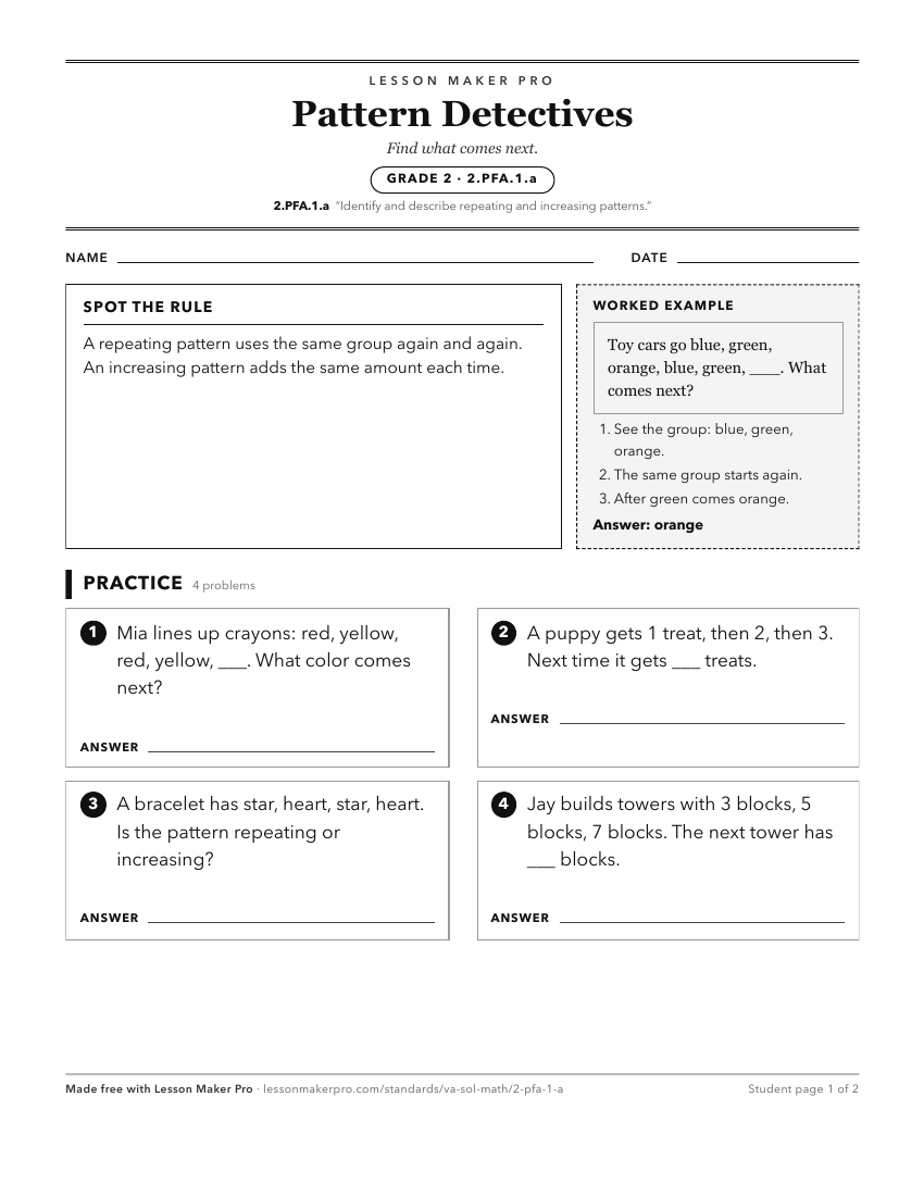 Preview of the 2.PFA.1.a printable worksheet