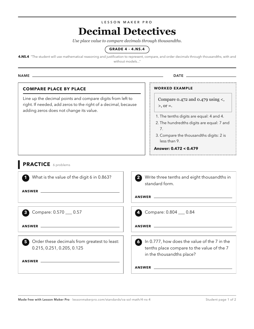 Preview of the 4.NS.4 printable worksheet