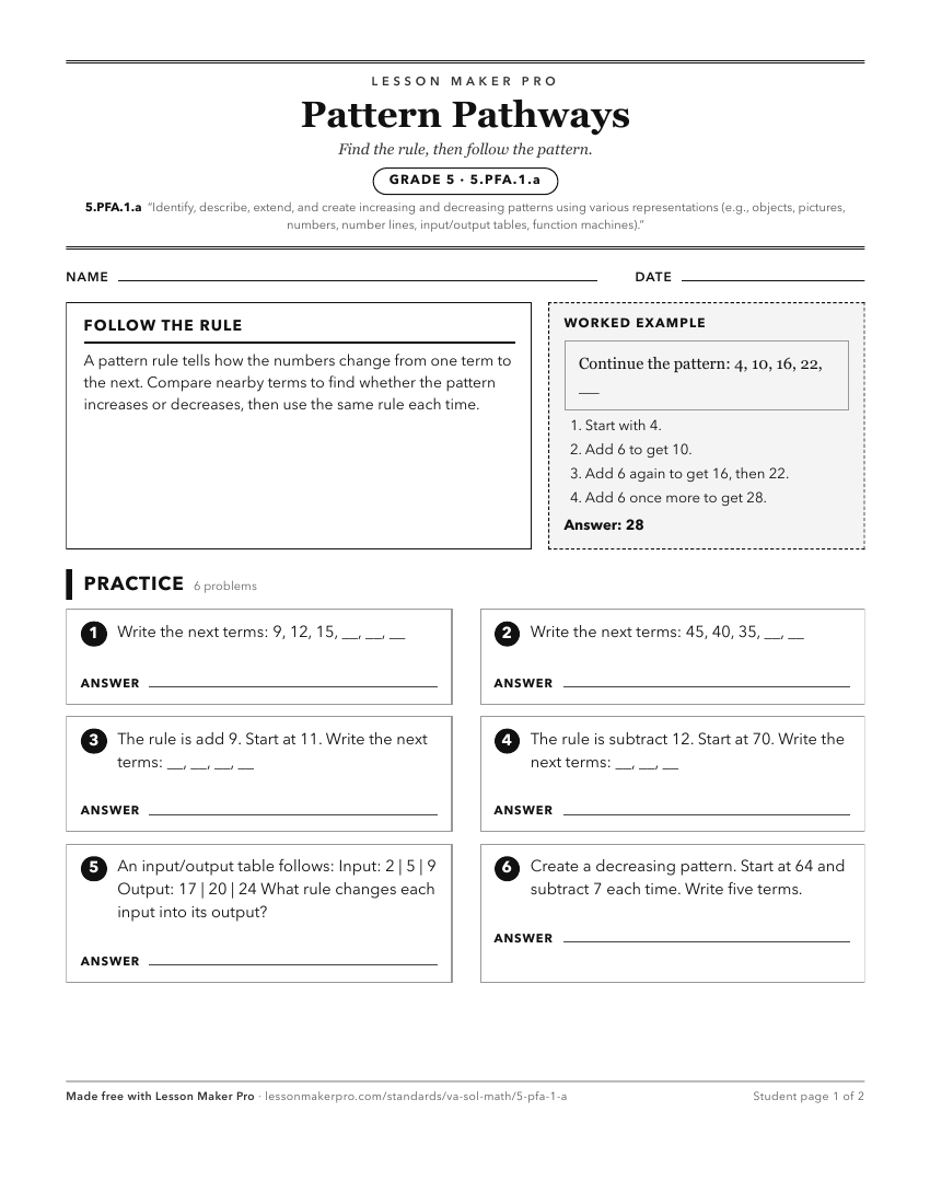 Preview of the 5.PFA.1.a printable worksheet