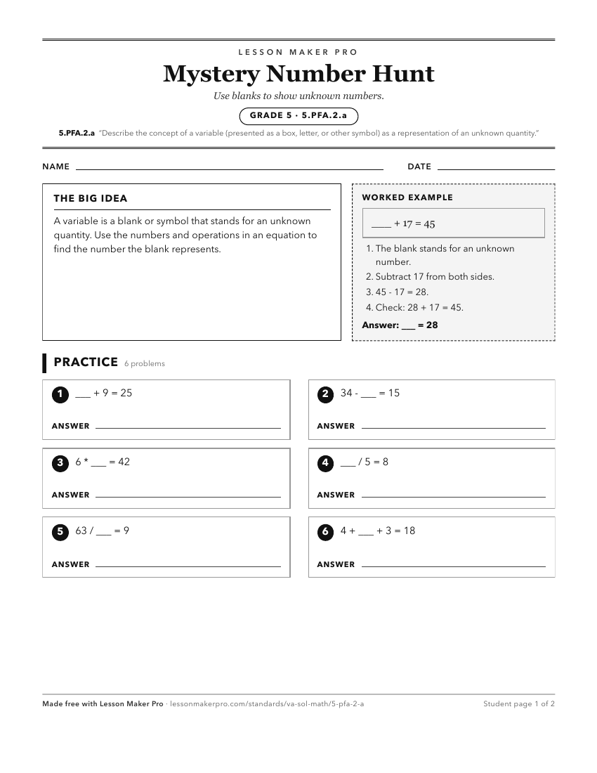 Preview of the 5.PFA.2.a printable worksheet
