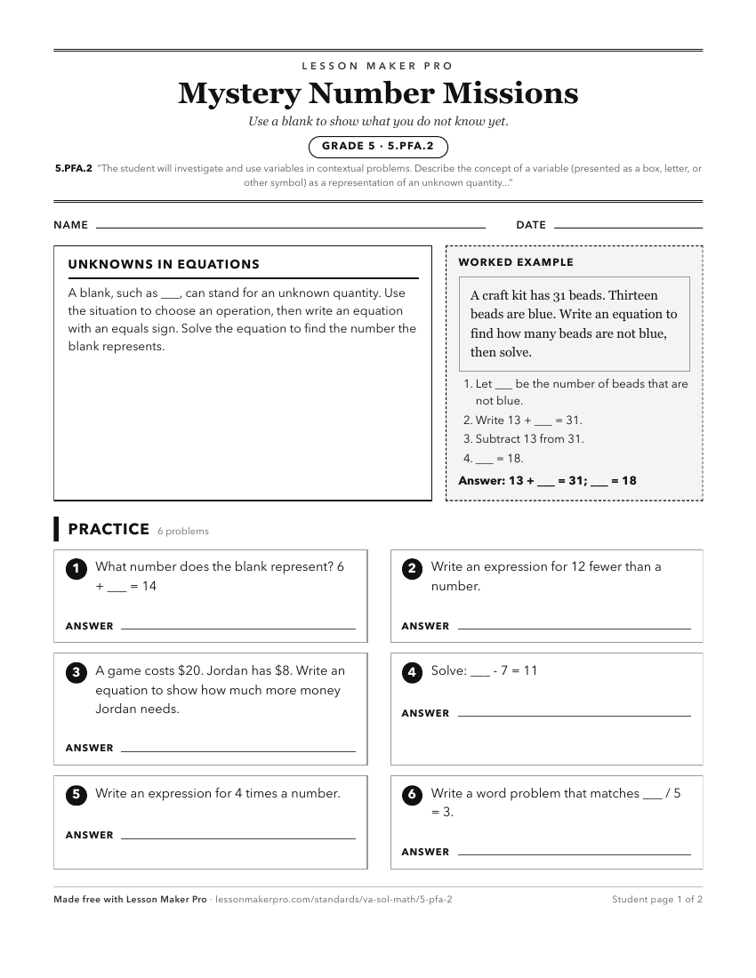 Preview of the 5.PFA.2 printable worksheet