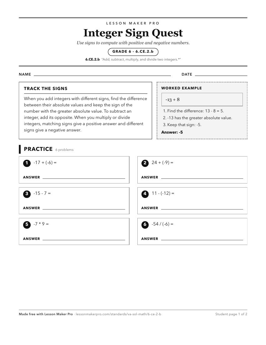 Preview of the 6.CE.2.b printable worksheet