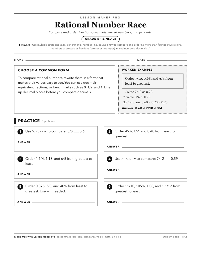 Preview of the 6.NS.1.e printable worksheet