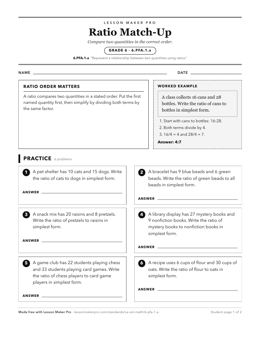 Preview of the 6.PFA.1.a printable worksheet