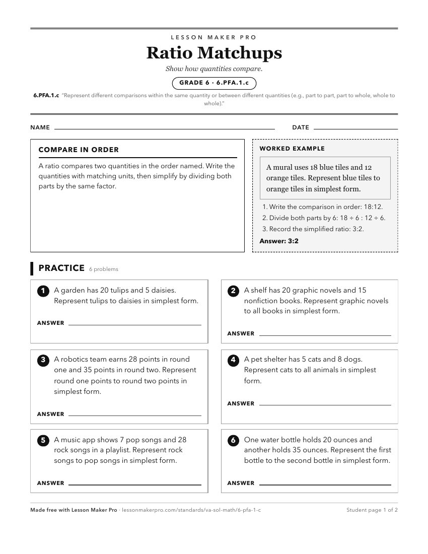 Preview of the 6.PFA.1.c printable worksheet