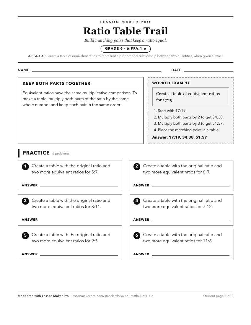 Preview of the 6.PFA.1.e printable worksheet