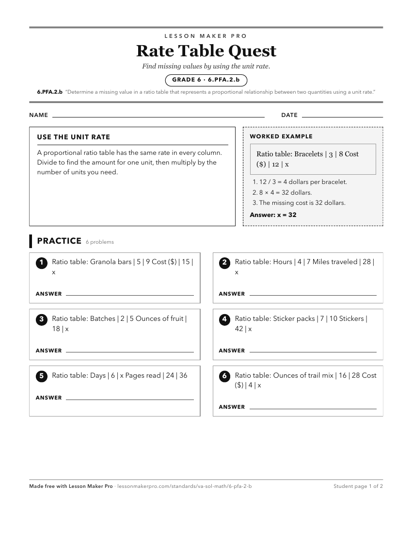 Preview of the 6.PFA.2.b printable worksheet