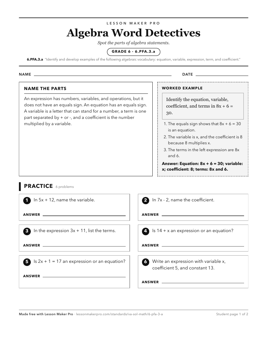 Preview of the 6.PFA.3.a printable worksheet