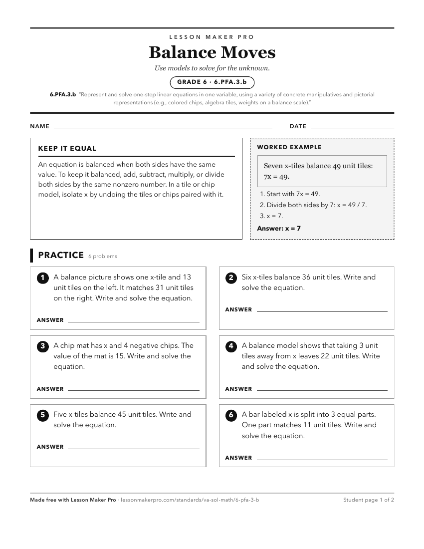 Preview of the 6.PFA.3.b printable worksheet