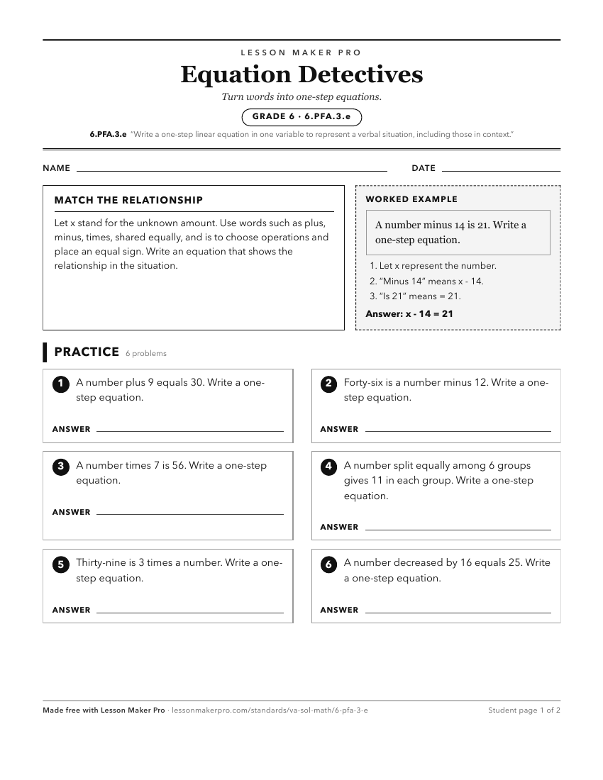 Preview of the 6.PFA.3.e printable worksheet