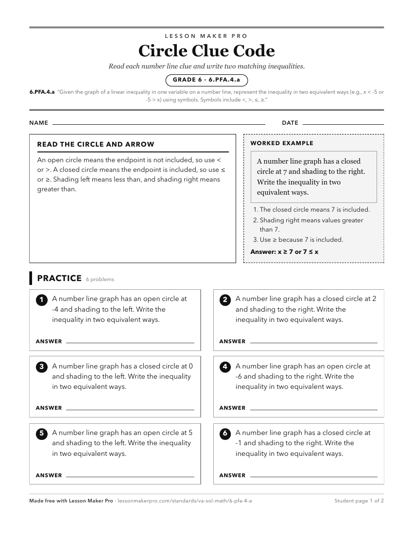 Preview of the 6.PFA.4.a printable worksheet