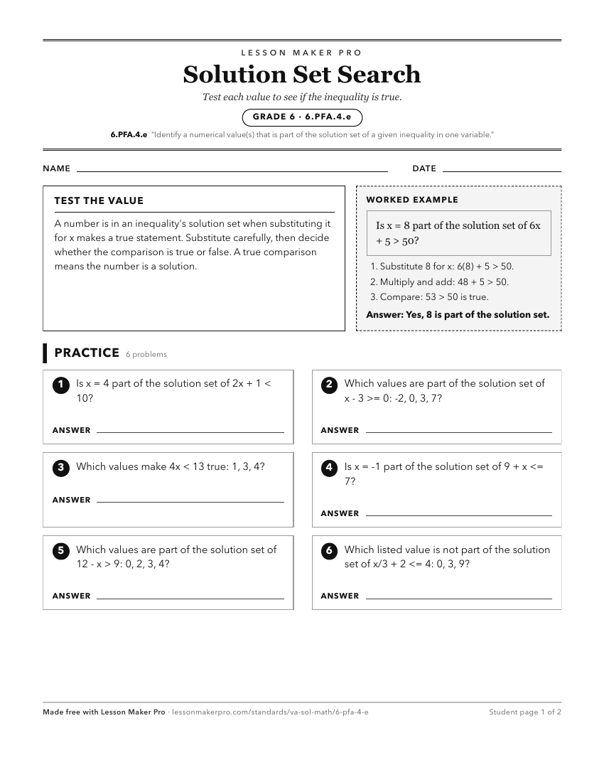 Preview of the 6.PFA.4.e printable worksheet