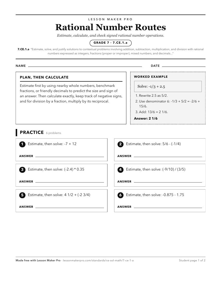 Preview of the 7.CE.1.a printable worksheet