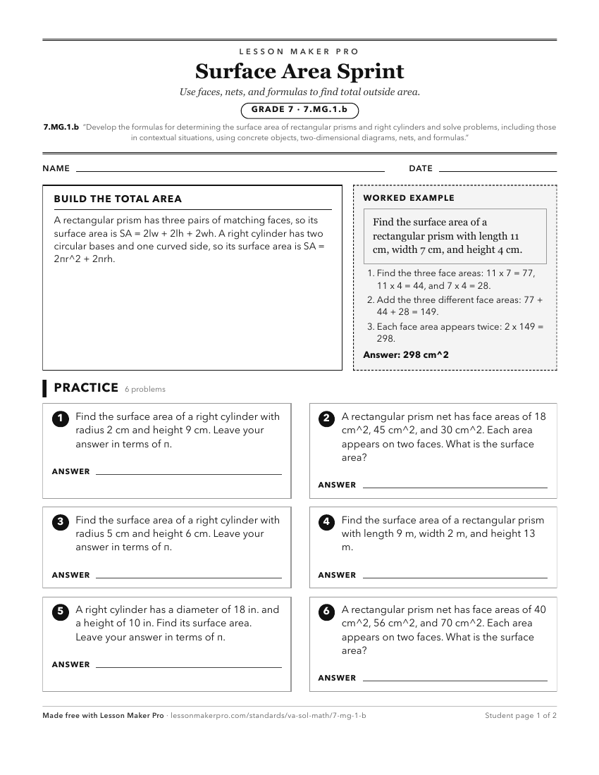 Preview of the 7.MG.1.b printable worksheet