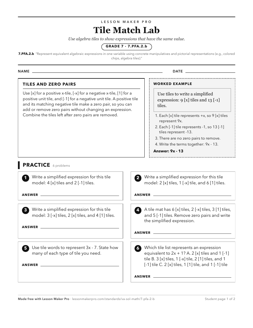Preview of the 7.PFA.2.b printable worksheet