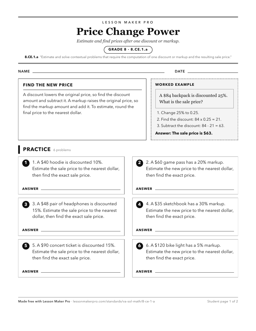 Preview of the 8.CE.1.a printable worksheet