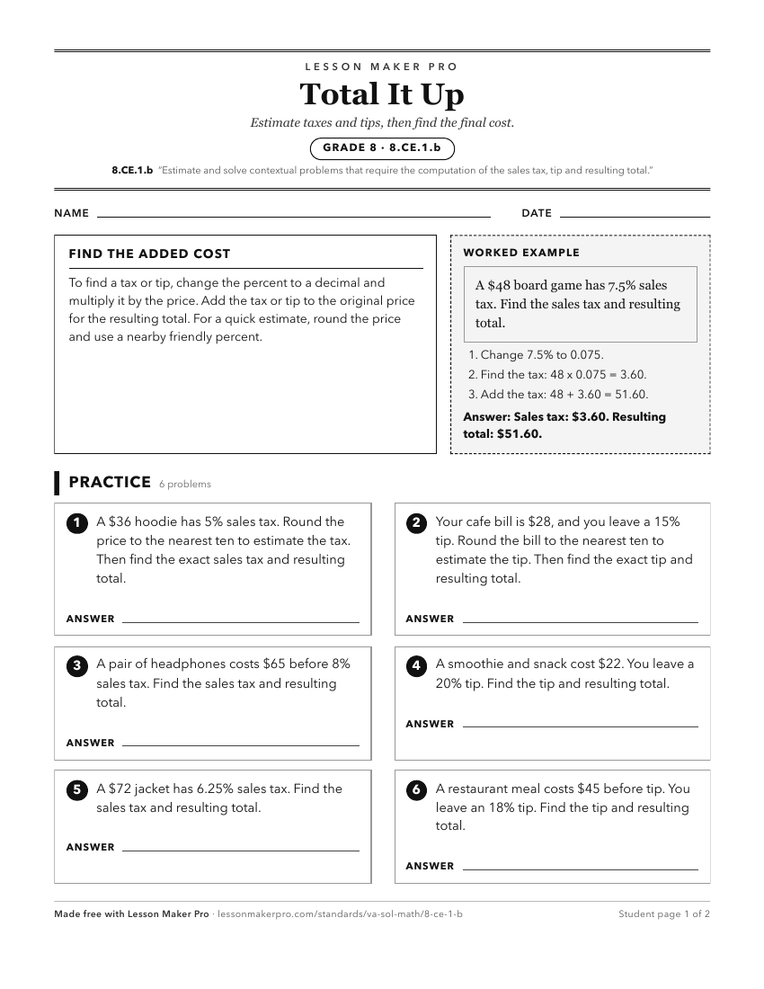 Preview of the 8.CE.1.b printable worksheet