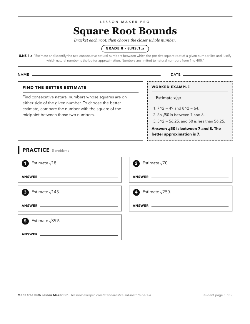 Preview of the 8.NS.1.a printable worksheet