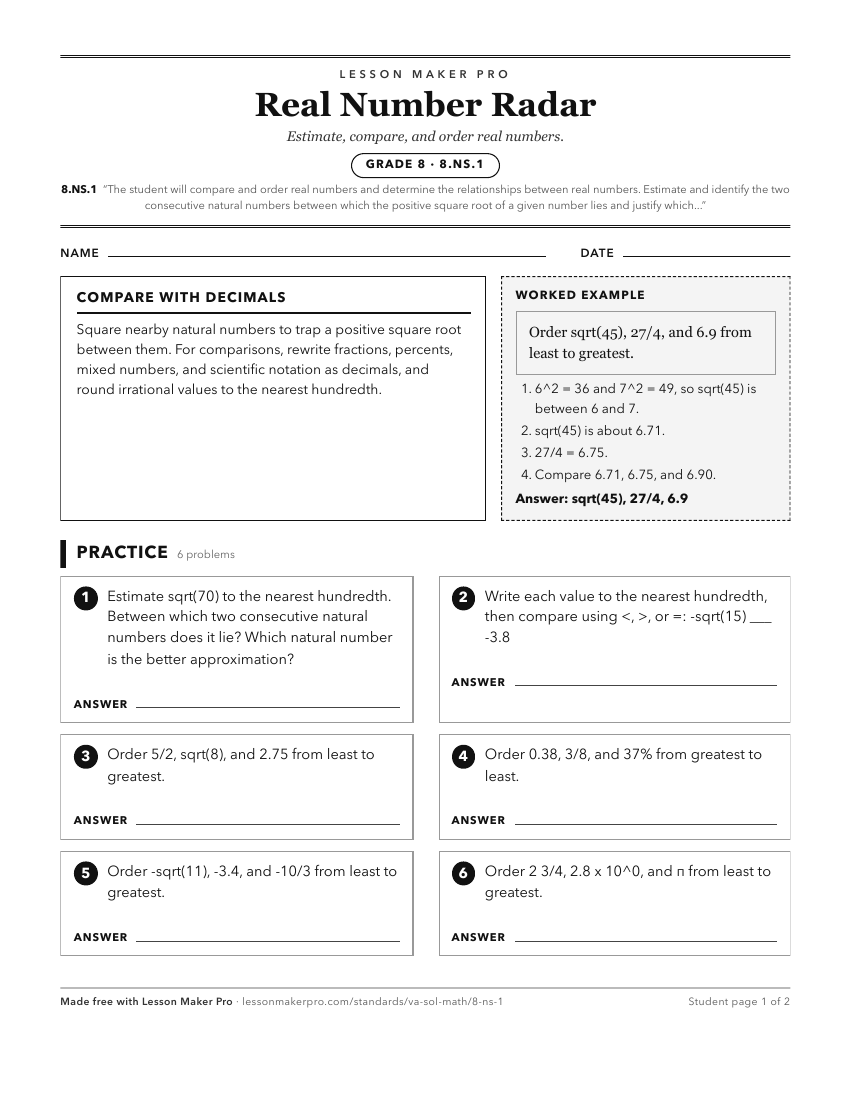 Preview of the 8.NS.1 printable worksheet