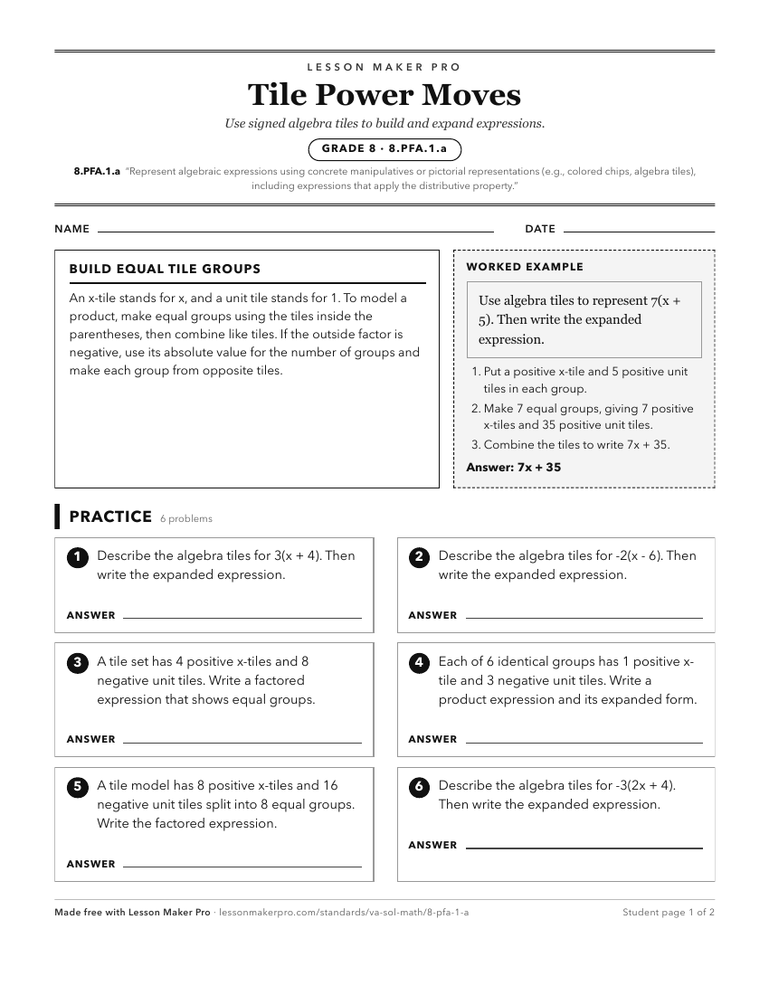 Preview of the 8.PFA.1.a printable worksheet