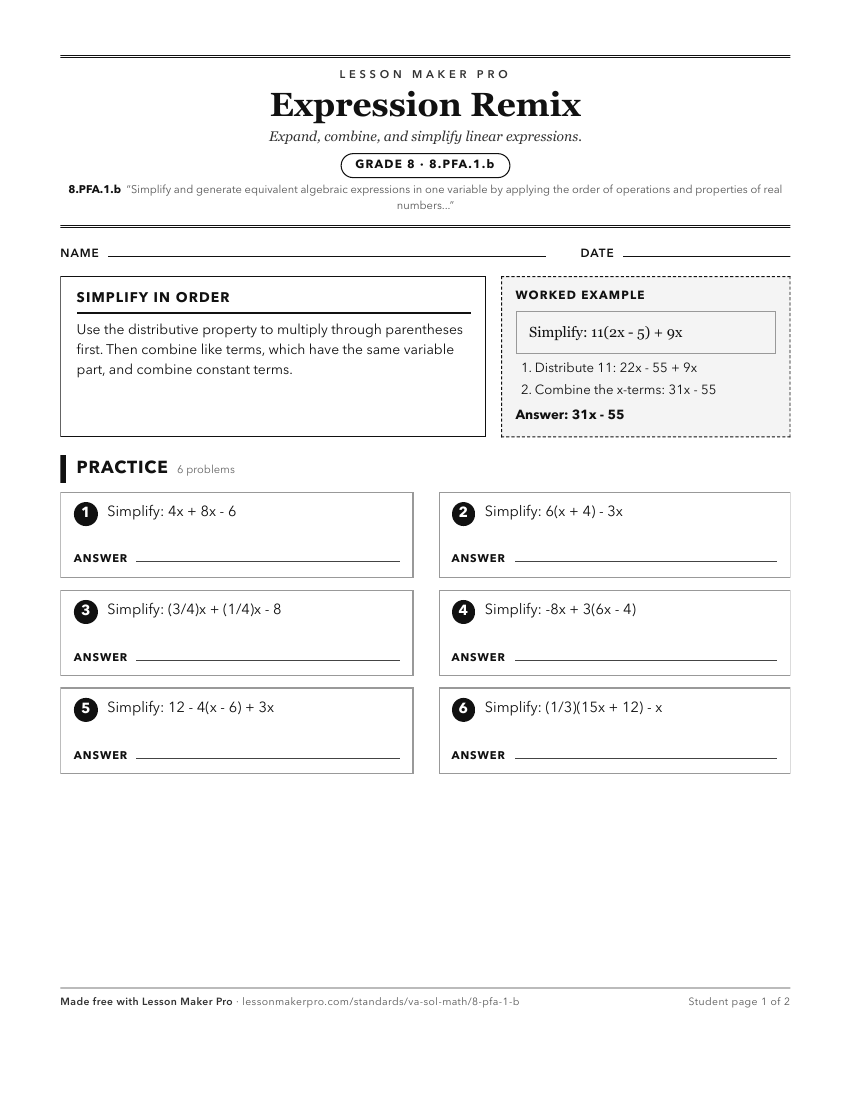 Preview of the 8.PFA.1.b printable worksheet