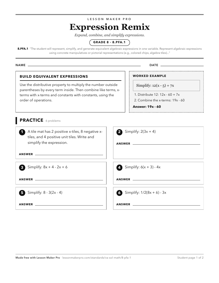 Preview of the 8.PFA.1 printable worksheet