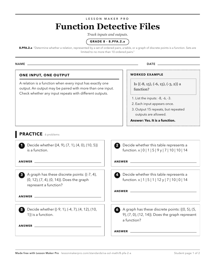 Preview of the 8.PFA.2.a printable worksheet