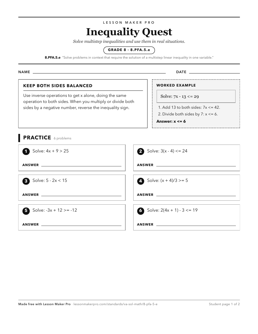 Preview of the 8.PFA.5.e printable worksheet