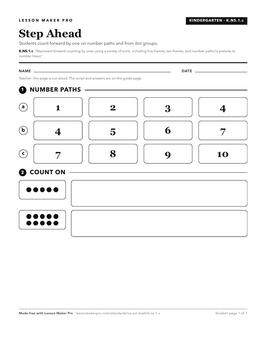 Preview of the K.NS.1.c printable worksheet