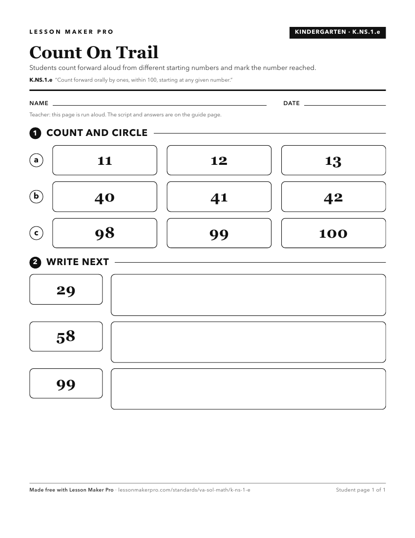 Preview of the K.NS.1.e printable worksheet