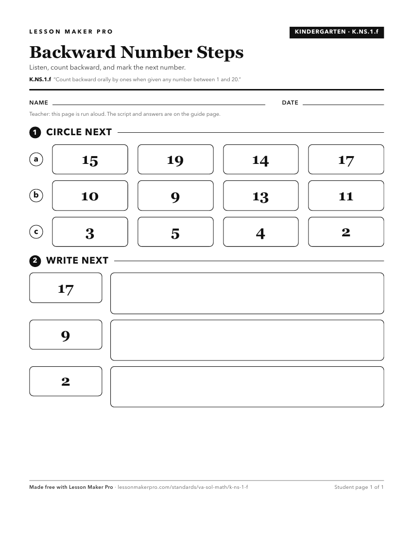 Preview of the K.NS.1.f printable worksheet