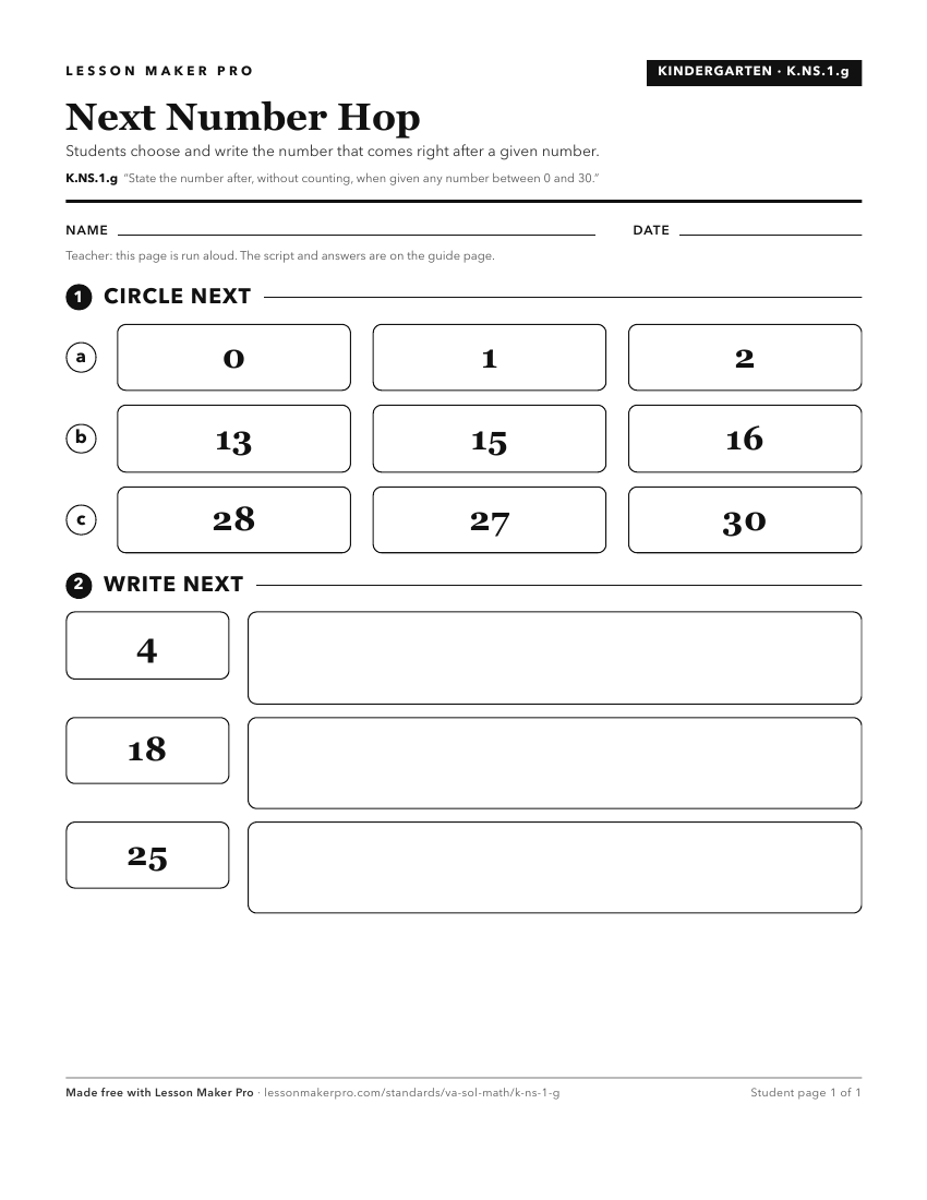Preview of the K.NS.1.g printable worksheet