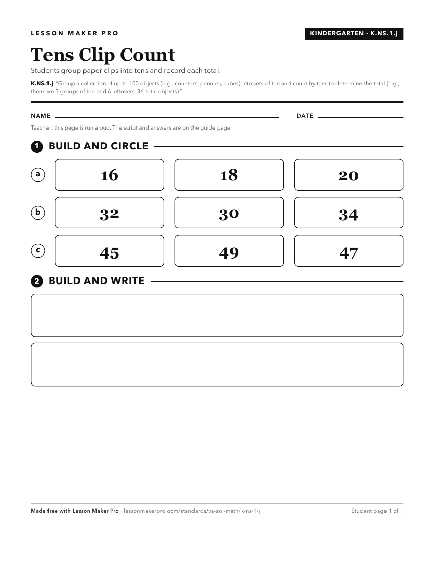 Preview of the K.NS.1.j printable worksheet