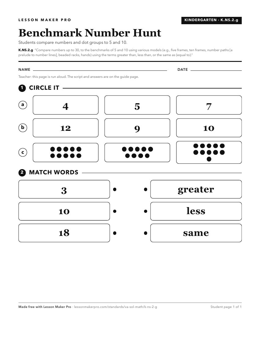 Preview of the K.NS.2.g printable worksheet