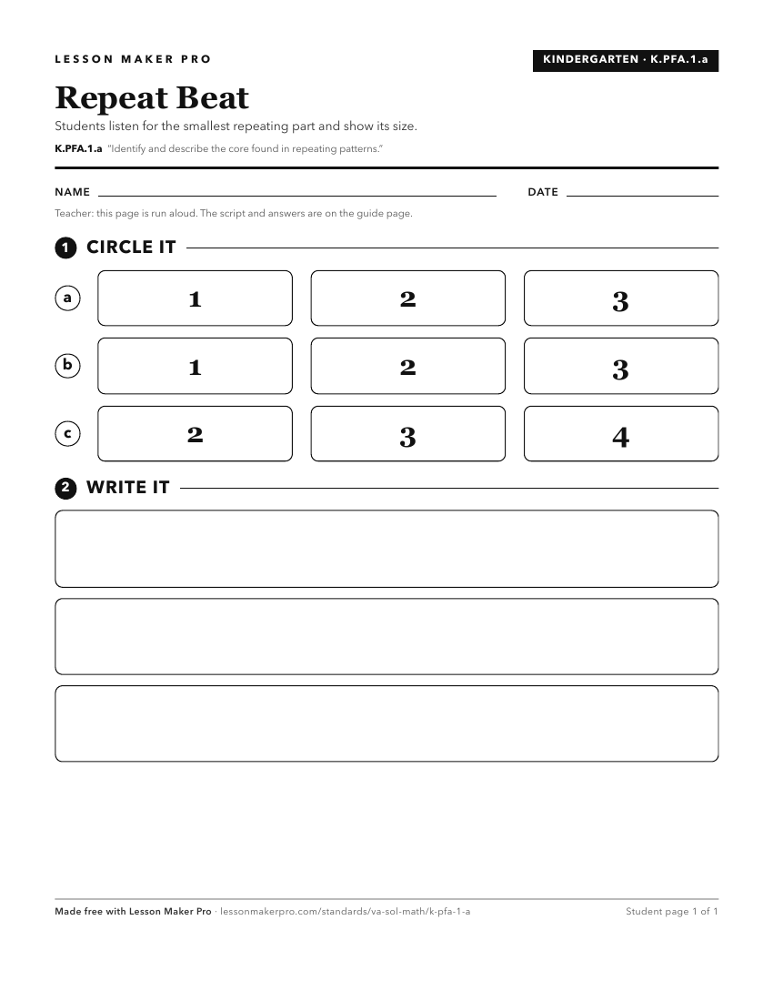 Preview of the K.PFA.1.a printable worksheet