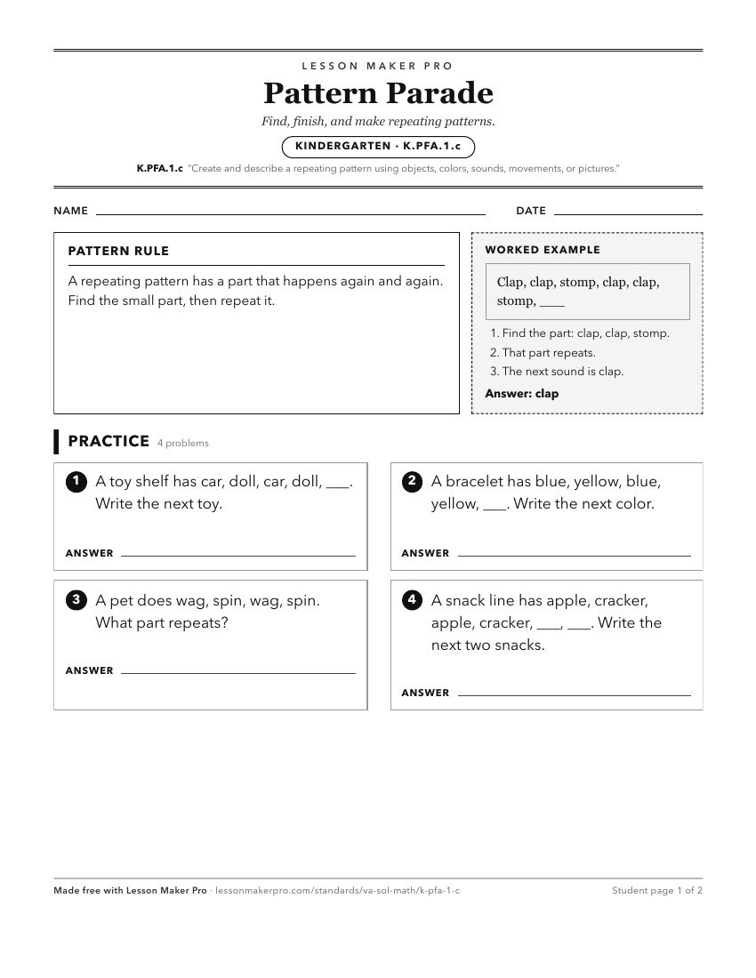 Preview of the K.PFA.1.c printable worksheet